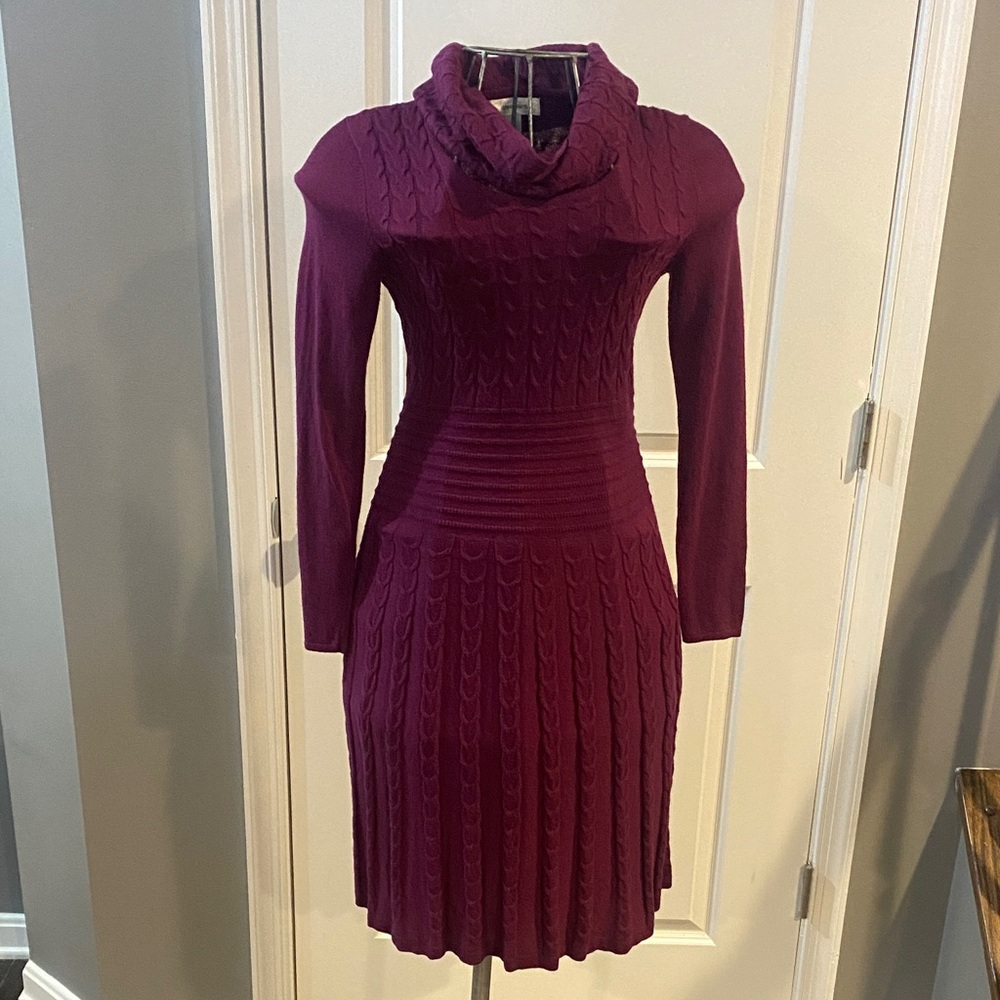 dressbarn Plum Cable-Knit Long Sleeve Fit-and-Flare Dress